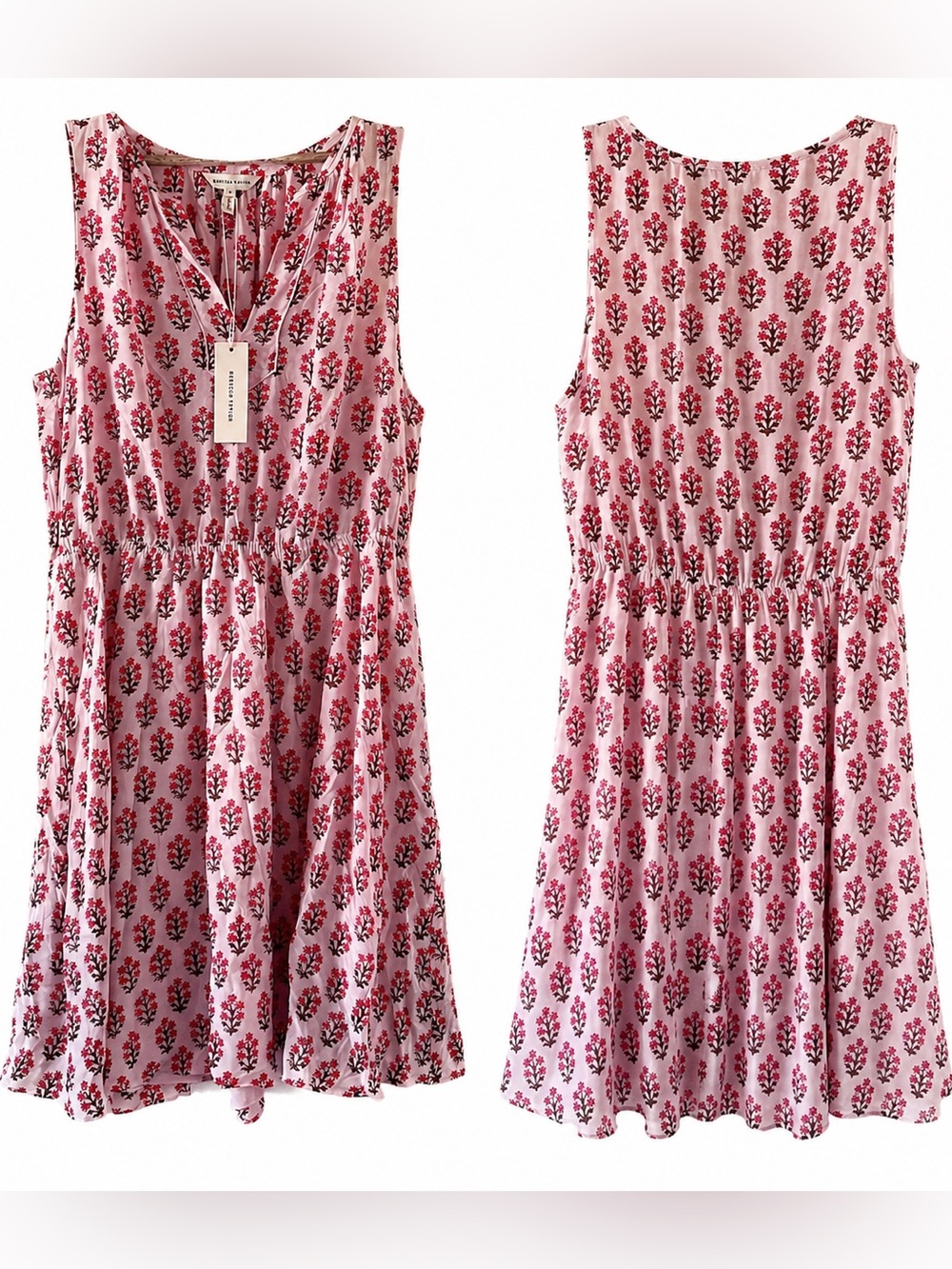 Rebecca Taylor Pink Summer Dress with Red Floral Print. 100% Silk. Size 10.